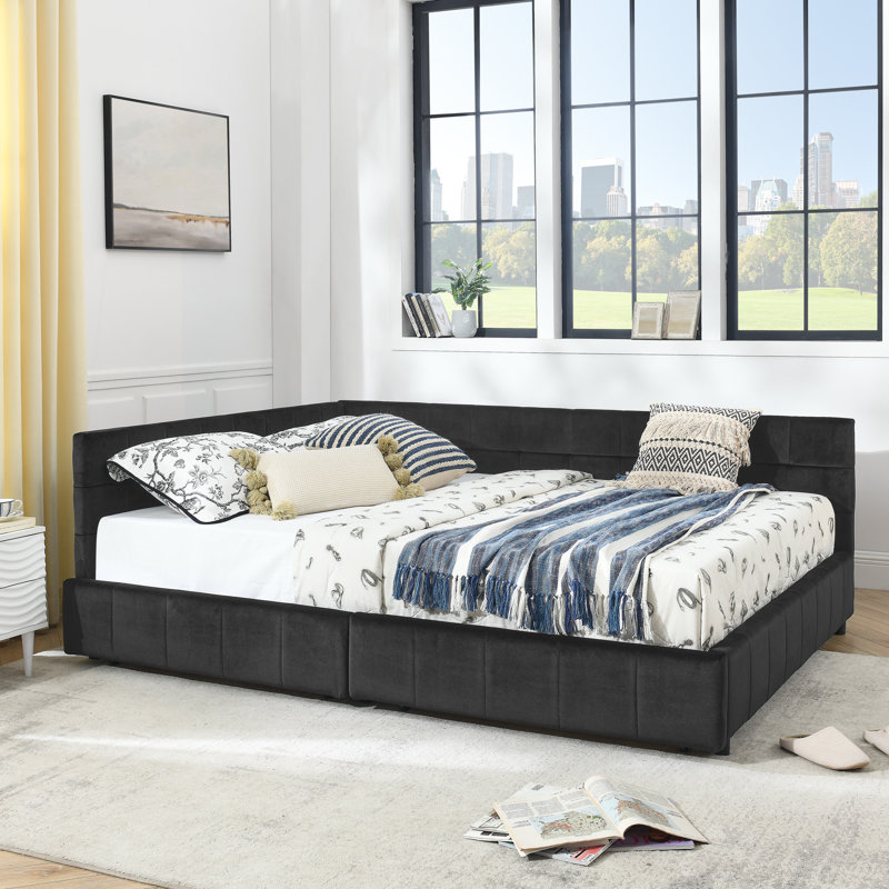 L-Shaped Velvet Upholstered Daybed, Queen Size Corner Sofa Bed With 2 Storage Drawer,Tufted Solid Wood Platform Bed With Headboard,Brown