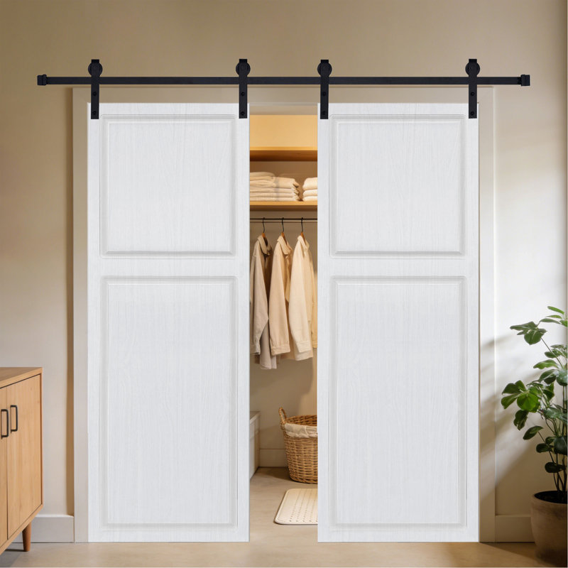 Double 2 panneaux modernes 46 po X 84 po Porte de grange coulissante en bois de noyer blanc avec ensemble de quincaillerie