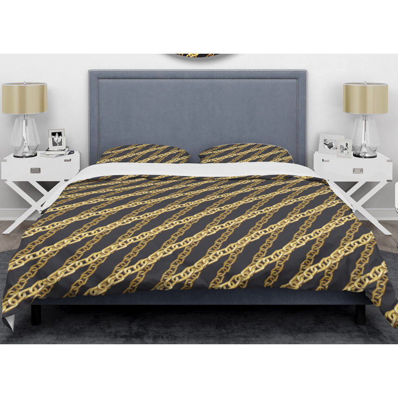Retro Art Deco - Mid century bedding set - Modern Mid-century Bed cover set, King Duvet Cover + 2 Shams, Yellow Zigzag Chain