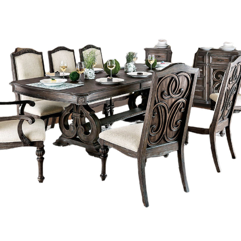 Arca 9Pc Dining Table Set With 8 Ivory Fabric Chair, Rustic Solid Wood
