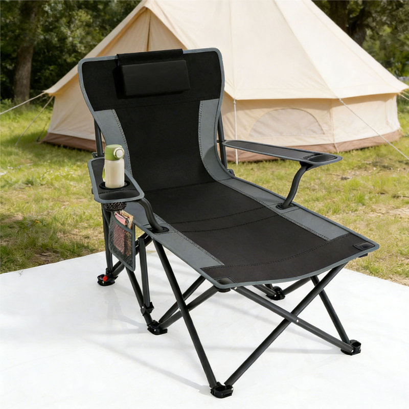 Camping Chair with Foot Rest, Adjustable 90°–140° Reclining Beach Lounge Chair, Heavy Duty 500 lbs Folding Outdoor Chair with Detachable Pillow, Cup Holder & Carry Bag, Black Oxford Fabric