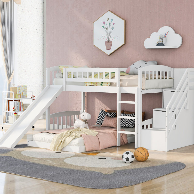 White Twin Over Bunk Bed With Secure Staircase And Fun Slide - Structure Functional Climbing Drawers Stable