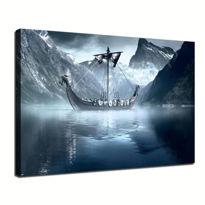 Viking ship poster in front of glacier peaks