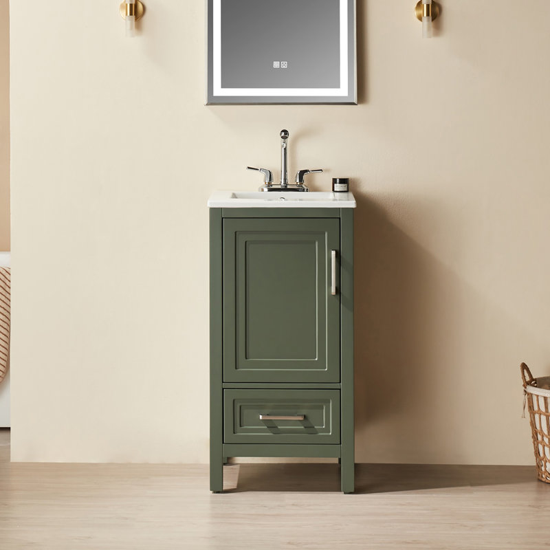 Ensemble de meuble-lavabo simple autoportant en bois massif 18 po avec lavabo intégré en céramique et 2 poignées, Vert