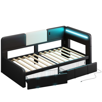 Daybed With Storage, Twin Day Bed Frame With Drawers, Charging Station & Led, Sofa Bed For Bedroom, Living Room, Guest Room, Pu Leather, Black by Wrought Studio