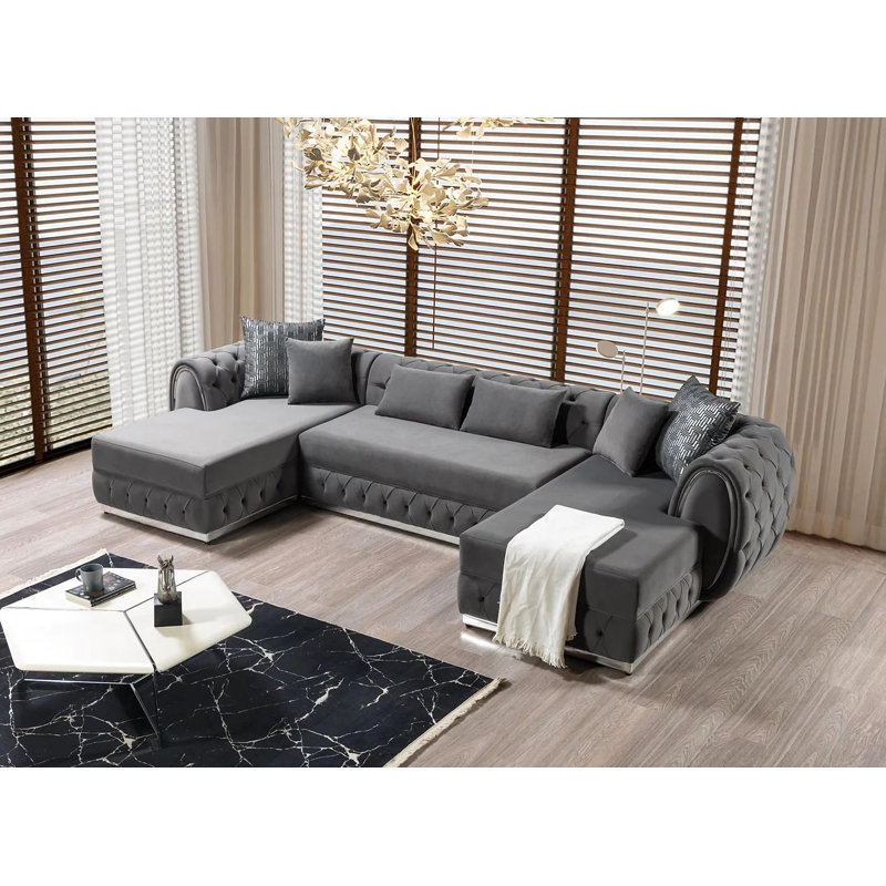 Farhanaaz Velvet U-Shaped Sectional Symmetrical, Grey Velvet, Silver