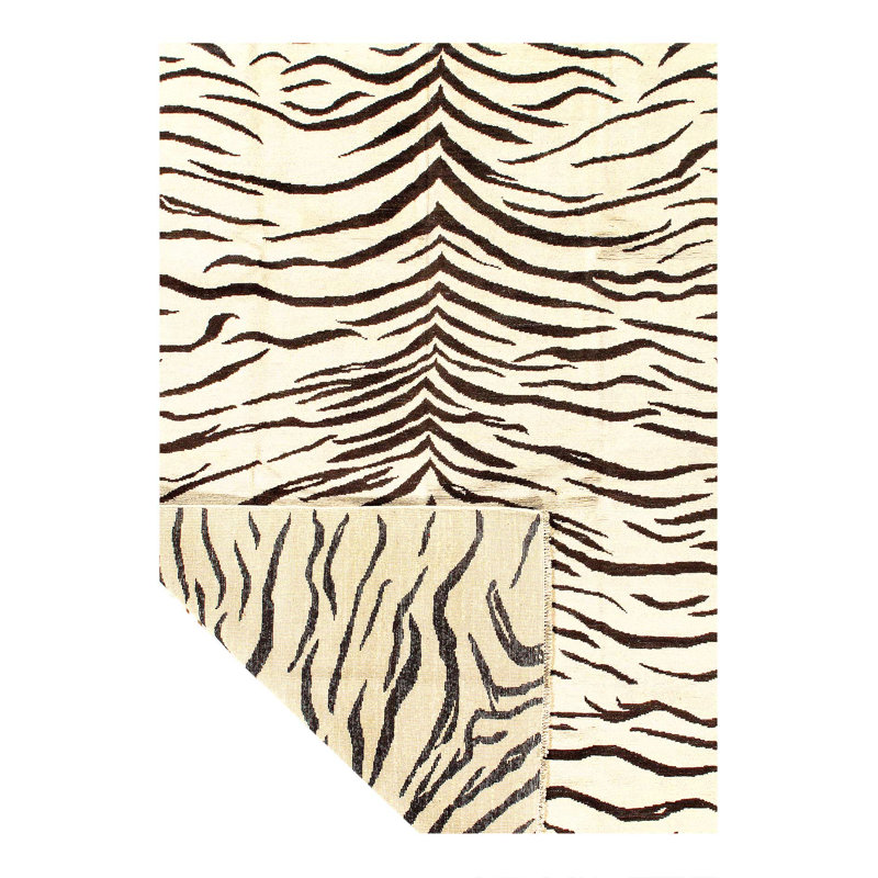 Tapis noir et blanc noué à la main zébré 5 pi 7 po x 7 pi 7 po