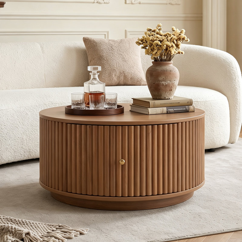 Table basse cylindrique ronde avec rangement caché, centre en bois massif, H 16,6 po x l 30,3 po x P 30,3 po