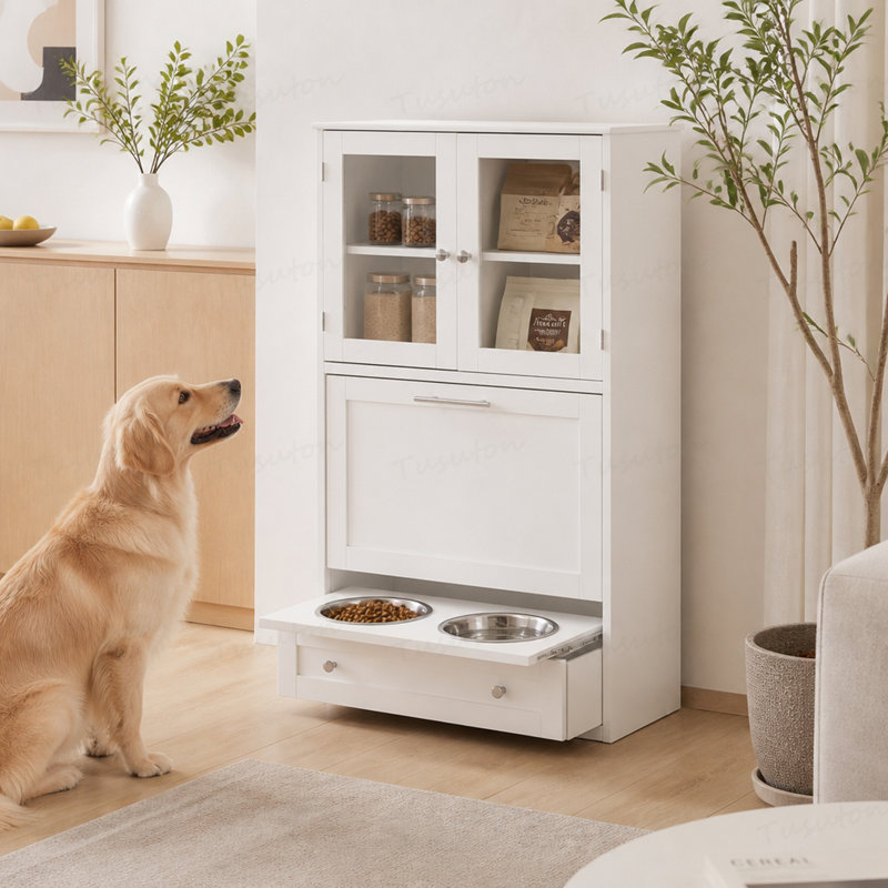 Station d'alimentation pour chien avec 2 armoires de rangement, bols surélevés pour chien, crochets latéraux, ensemble anti-basculement, station d'alimentation pour animaux cachée pour l'alimentation et l'arrosage