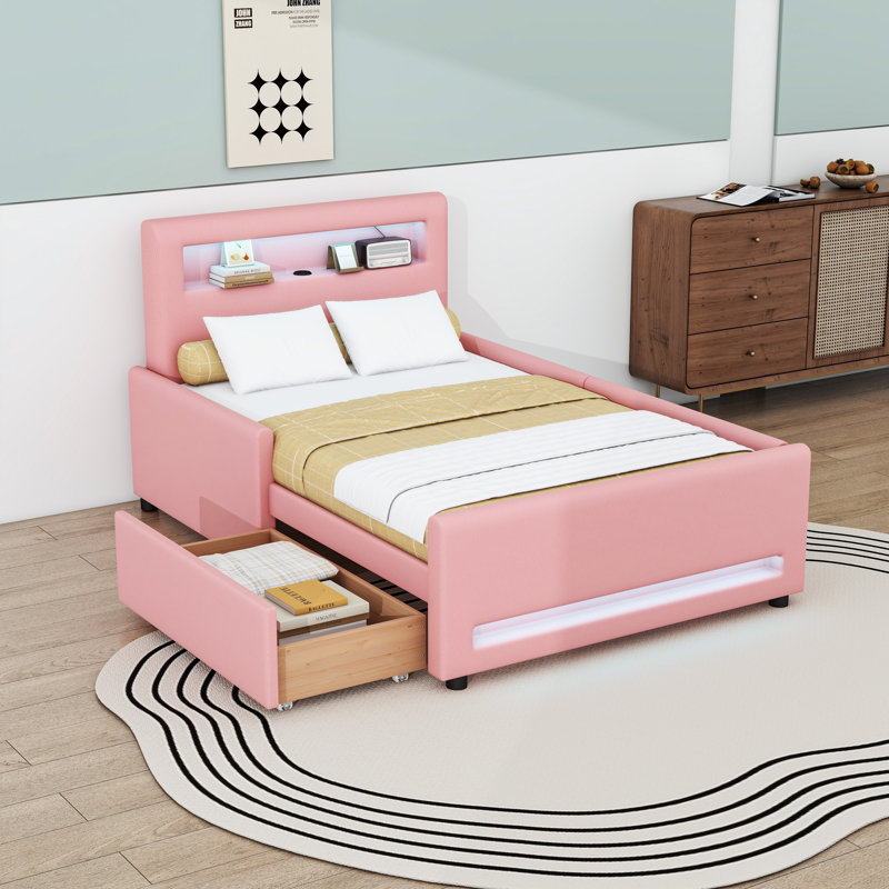 Lit plateforme avec tiroir de rangement, lumières DEL et port USB, Lit simple, Rose