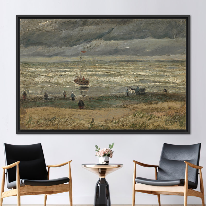 «Van Gogh's Beach at Scheveningen Stormy Seascape», art mural sur toile robuste, H 41 po x l 94 po, Cadre flottant noir