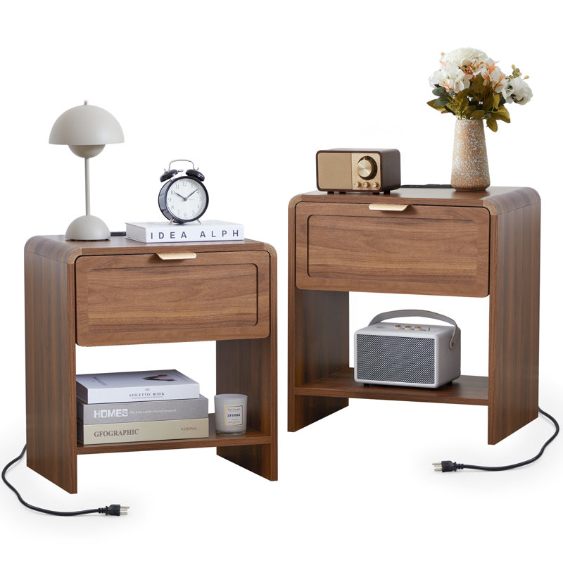 End Table Set With Charging Station, Walnut