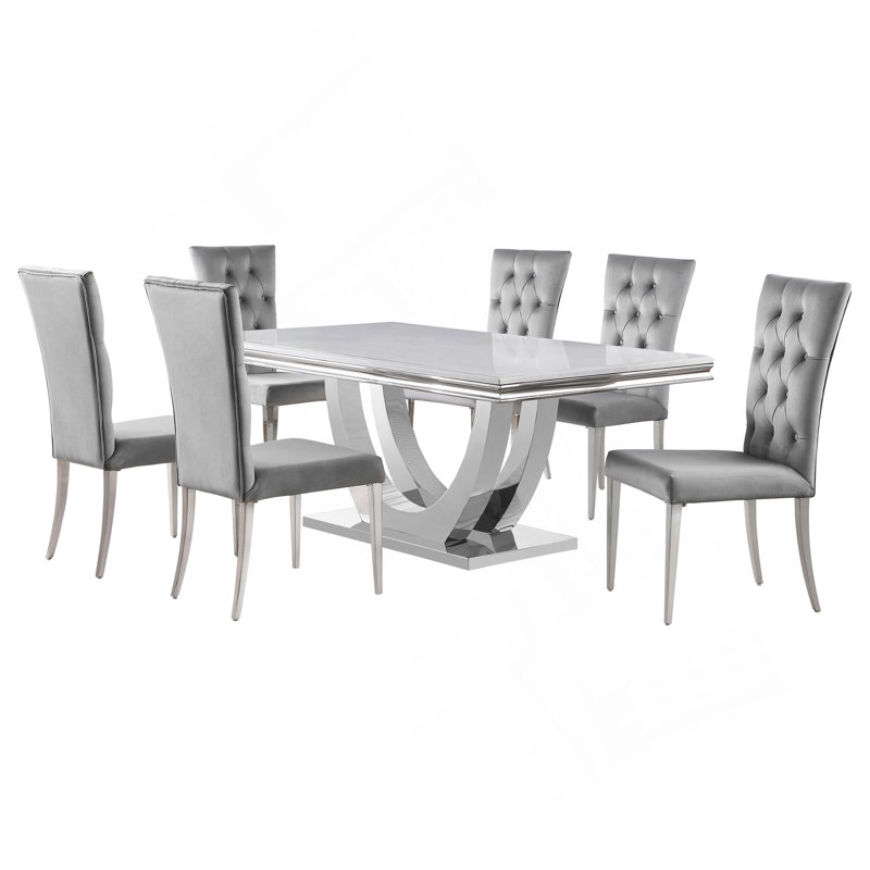 Ensemble de table de salle à manger 7 pièces Kerwin, 7 pièces : table, 6 chaises, Blanc, crème