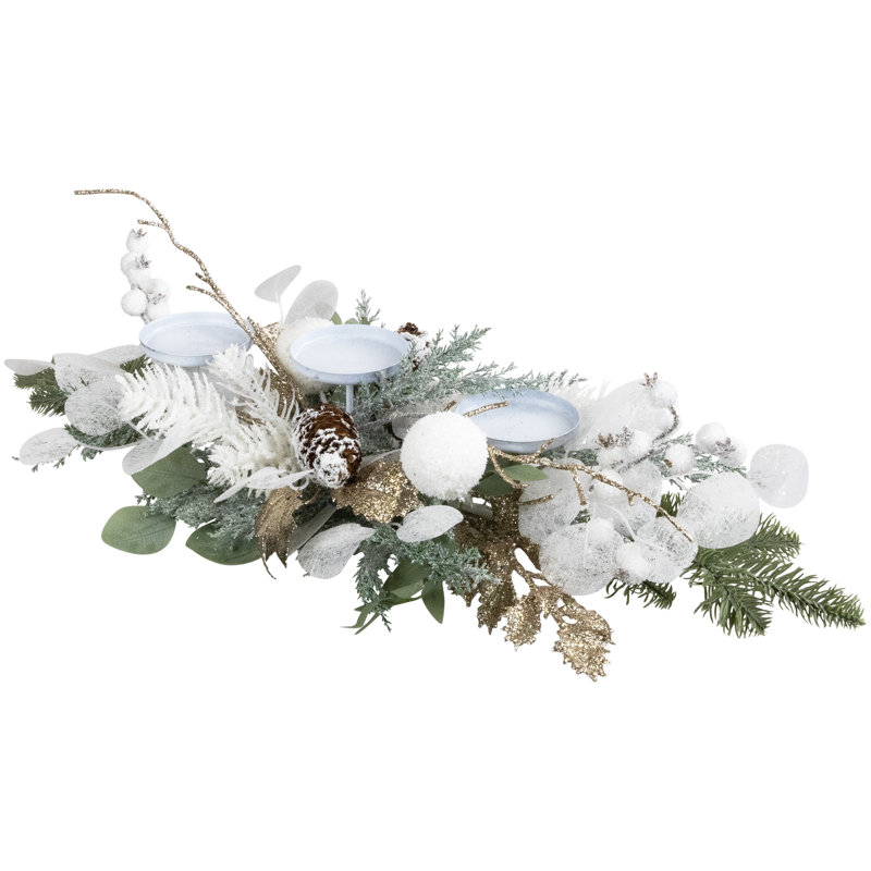 Porte-bougie colonne de Noël mixte feuillage et baies de Noël - 24 po