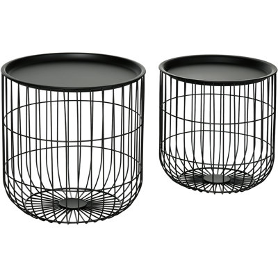 Nesting Coffee Tables, Round Coffee Table Set Of 2 With Steel Wired Basket Body