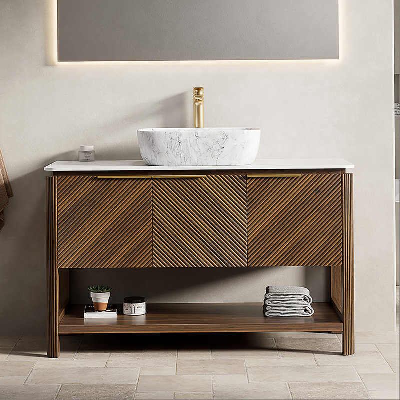 Meuble-lavabo de salle de bain avec lavabo, armoire de rangement autoportante en bois avec portes et tablette ouverte