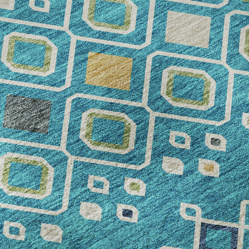 Tapis bleu sarcelle lavable à la machine de qualité supérieure Prisco, Rectangle 9 pi x 12 pi
