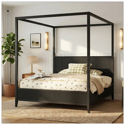 Queen Size Wooden Canopy Platform Bed with Support Slats, Elegant Fluted Design, and Durable Construction