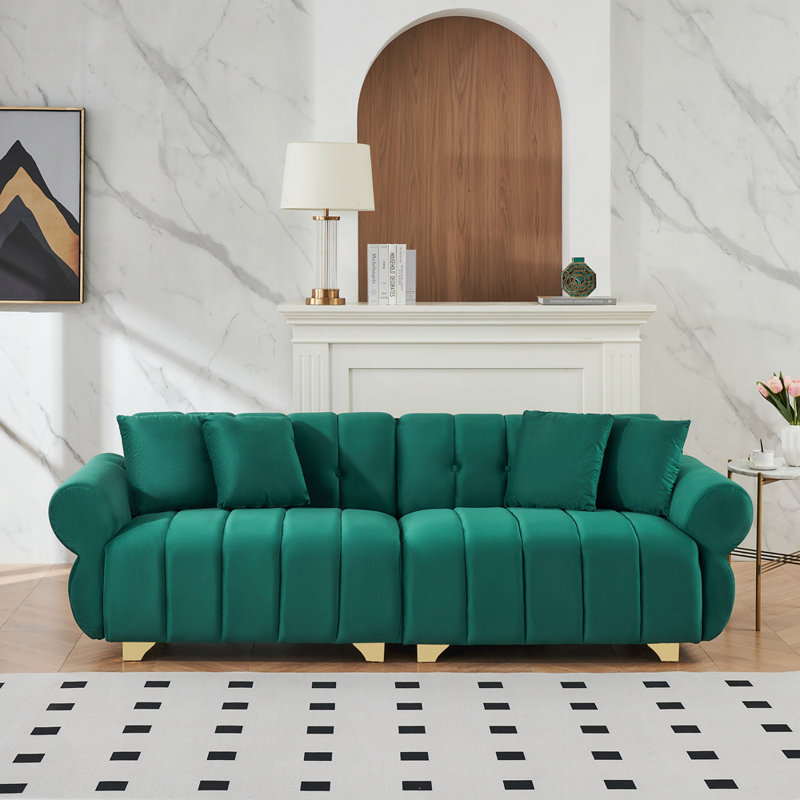" modern 3-seater flannelette sofa | spring-wrapped cushions | stylish metal feet | 4 throw pillows | living room & bedroom