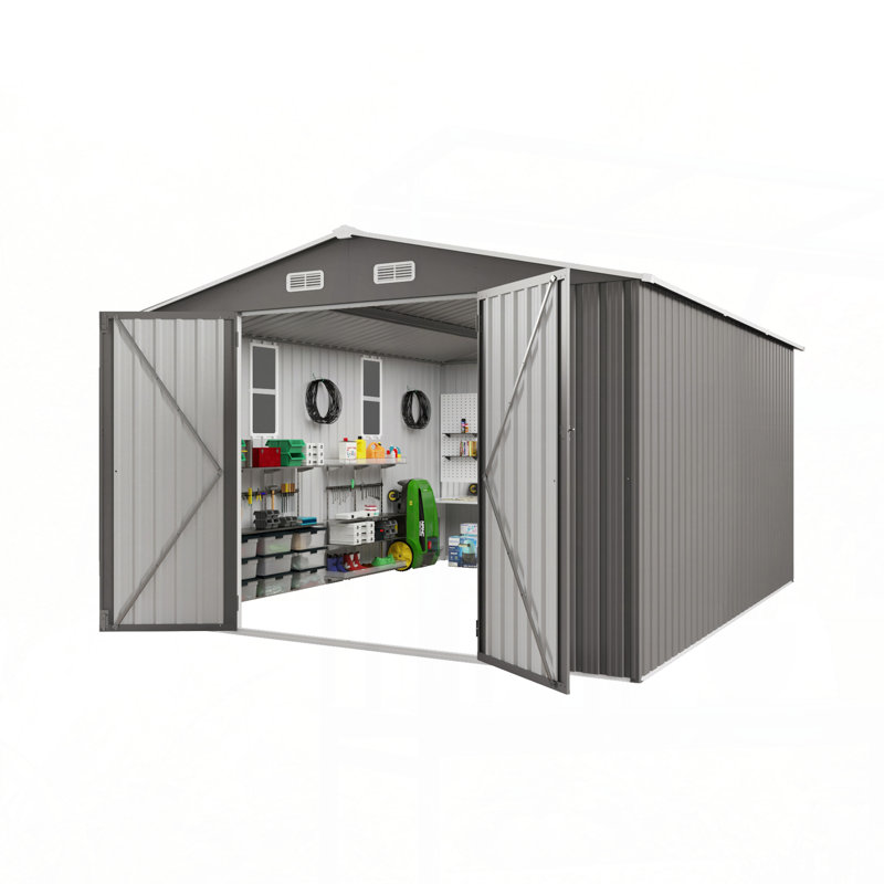 Grande remise de jardin en métal 10 x 12 pi avec double porte et deux portes imperméables pour la cour, au bord de la piscine, gris