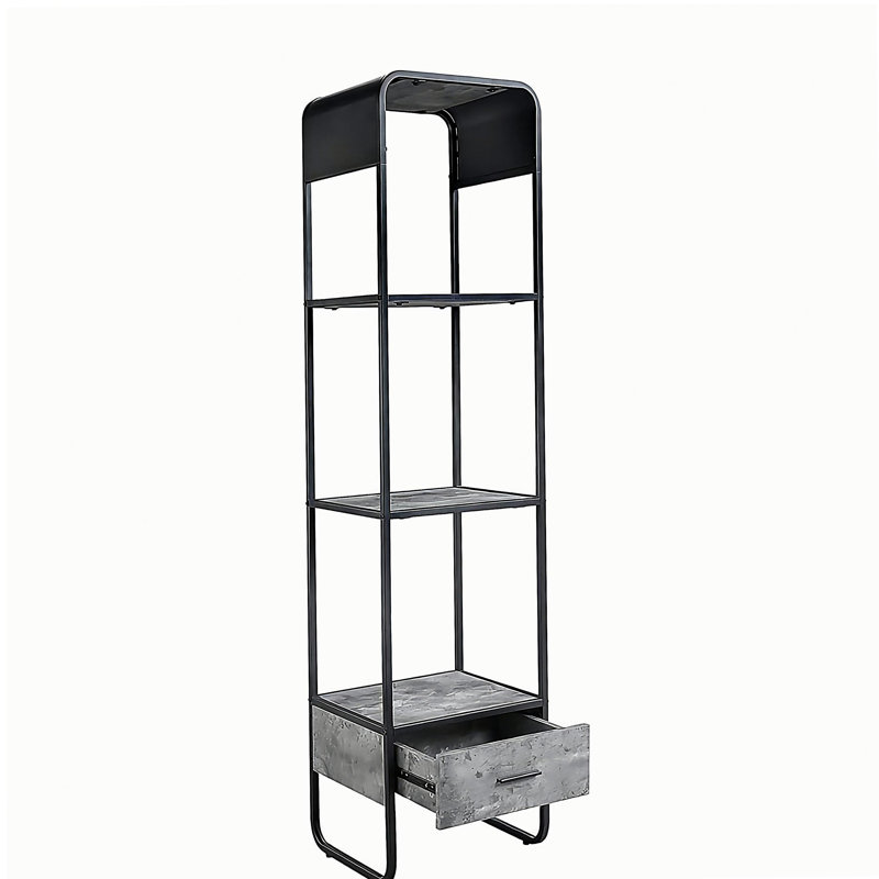 Meuble télé moderne avec courbe et finition noire, meuble télé avec tiroir et tablette en béton gris