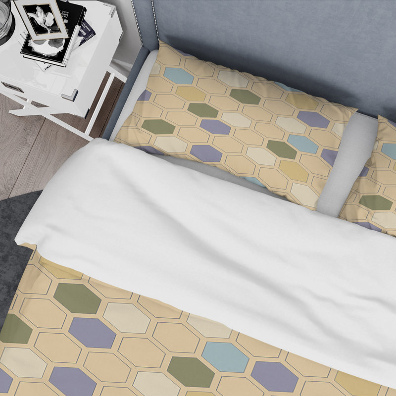 Ensemble de housse de couette rétro hexagonal patternx mid-century, Housse de couette très grand + 2 taies décoratives
