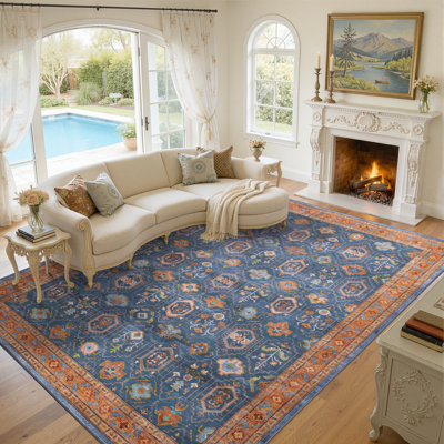 Tapis 274 x 366 cm pour salon, grand tapis vintage lavable, doux, à poils courts, antidérapant, effet vieilli, idéal pour chambre, salle à manger, chambre d'enfant ou bureau, rouge et bleu.