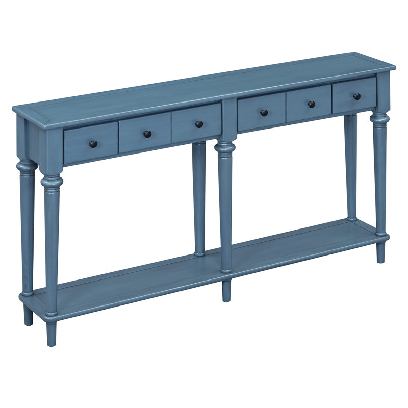 59" Retro Console Table With Open Shelf And 4 Drawers, Blue