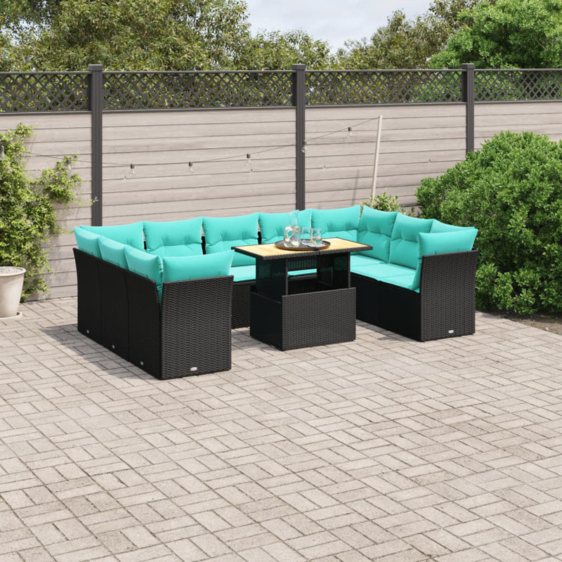 Ensemble de canapé de patio 10 pièces avec coussins en rotin de polyester, Bleu clair, Noir