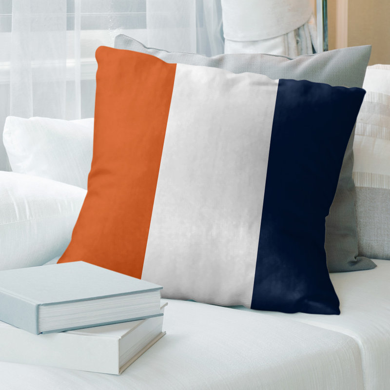 Leather/Suede Reversible Throw Pillow, 14" x 14", Orange/White/Navy