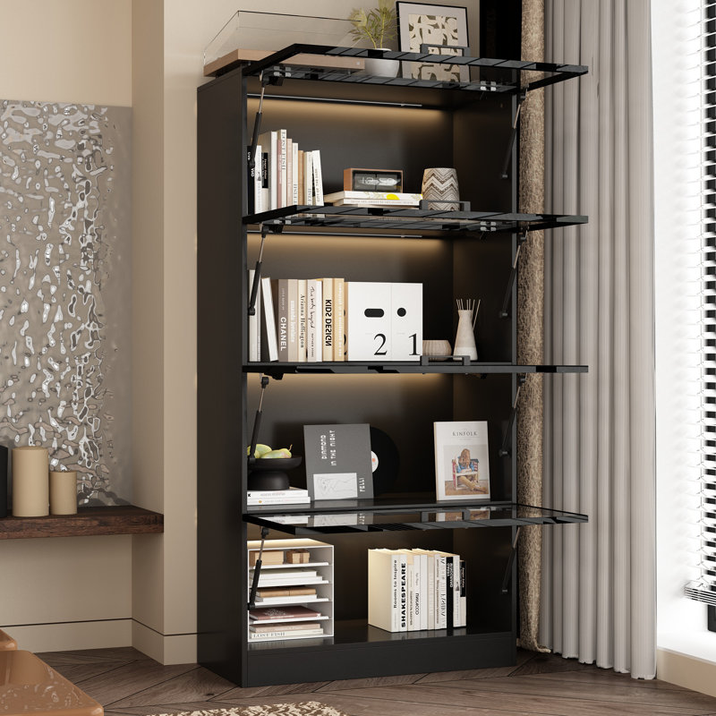63'' H x 31.5 '' W Office Storage Cabinet With Glass Doors And LED Lights, Black