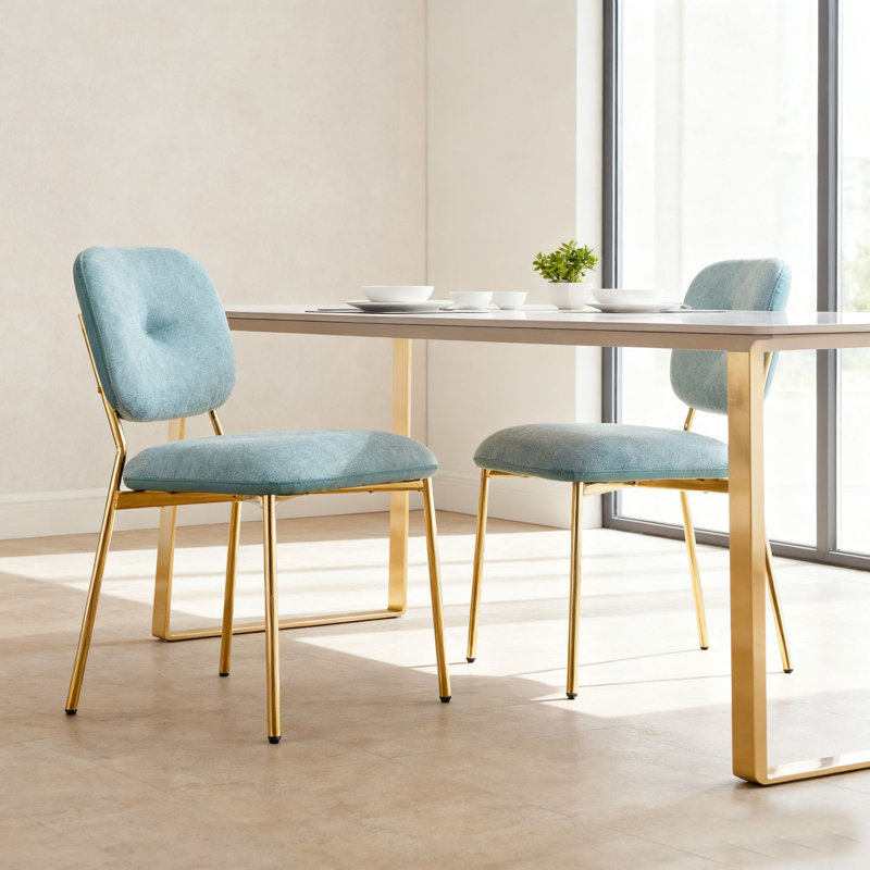 Modern Upholstered Dining Chair with Gold Metal Legs, Set of 2, Green, Gold