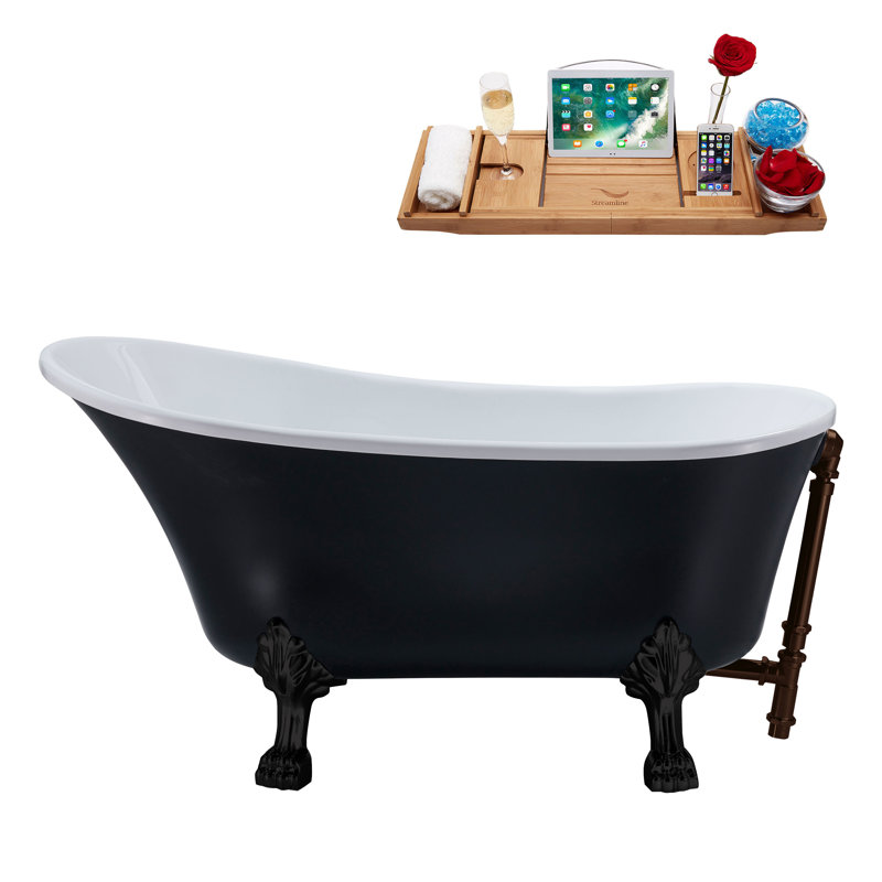 63" Streamline Clawfoot Soaking Acrylic Bathtub With Drain, Clawfeet, and Bamboo Tray, Matte Oil Rubbed Bronze, Matte Black