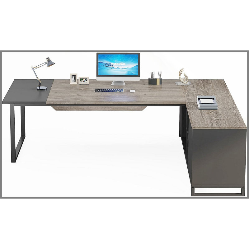 70.8 Inch L-Shaped Executive Desk with 55 Inch File Cabinet, Large Industrial Computer Workstation, Corner Office Desk for Home & Business, Retro Gray & Black