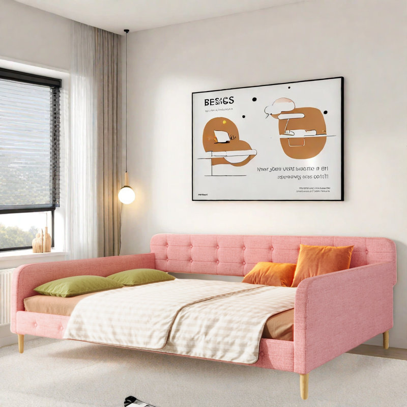 Lit de jour rembourré avec 4 pieds de soutien, Rose