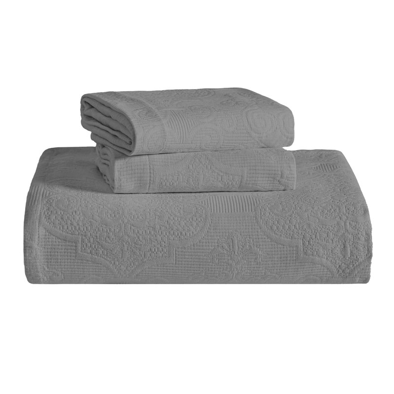 Superior Florin 100% Cotton Matelassé Jacquard Scrolling Medallion Bedspread Set, Full + 2 Shams, Gray