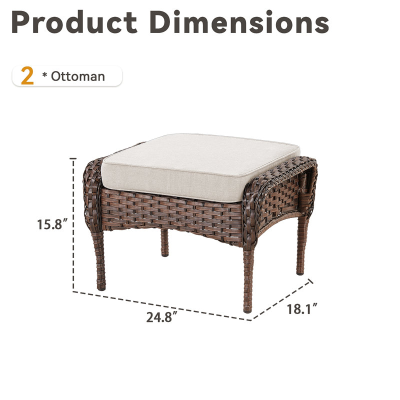 Ensemble de 2 repose-pieds d'extérieur en osier PE avec coussin pour la cour ou la terrasse, Beige, Brun