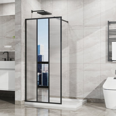 Goodyo Fixed Shower Door, 3-Panel Design with Center Mirror & Fluted Pattern, Tempered Glass, Walk-in Shower Screen Panel Matte Black