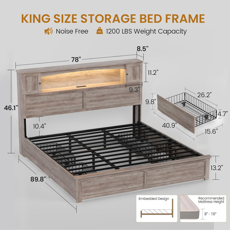 Farmhouse King Storage Bed Frame with Bookcase Headboard, LED Lights, Charging Station & 4 Drawers, Wood Platform Bed, Grey