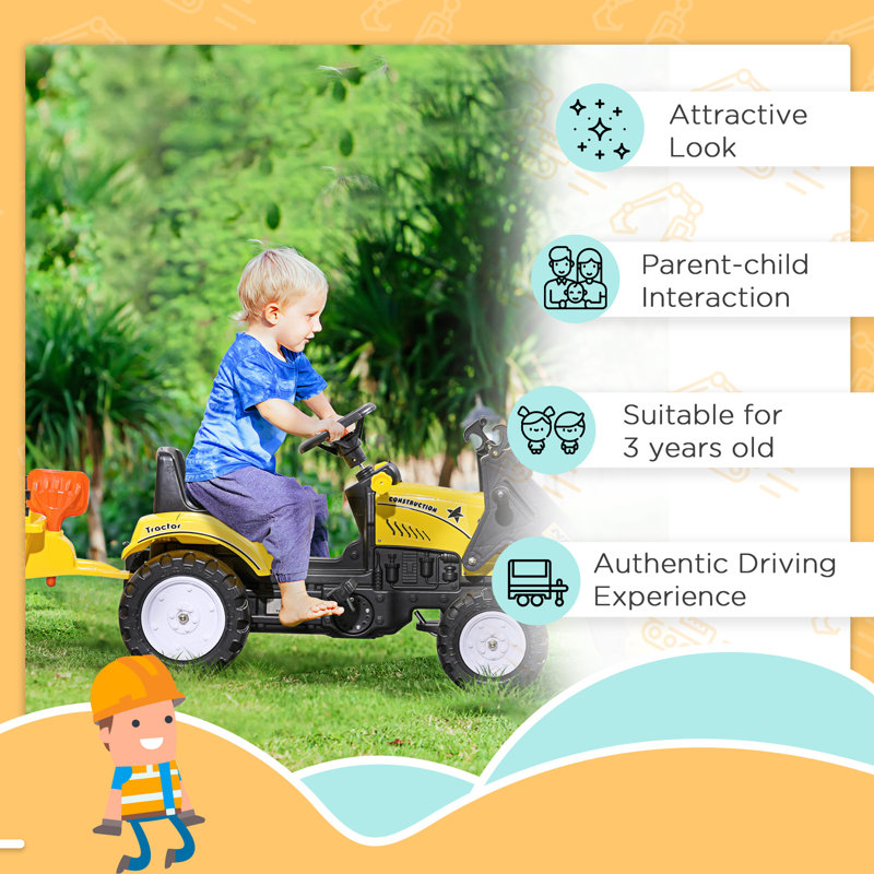 Yellow Pedal-Controlled Kids Ride-On Excavator with Trailer