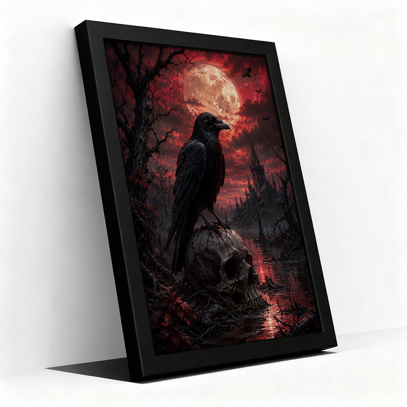 " Raven Perched On Skull Near Gothic Castle Under Halloween " Painting Print, H 18 po x l 12 po
