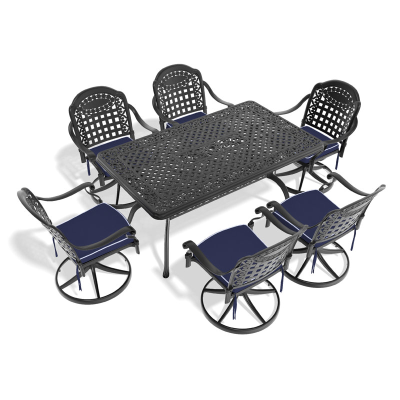 7 chaises en aluminium coulé pour le patio: 6 chaises pivotantes et table rectangulaire, noir, résistance à la corrosion, sièges confortables, capacité de siège de 350 lb, ensemble de table facile à assembler pour l'extérieur:
