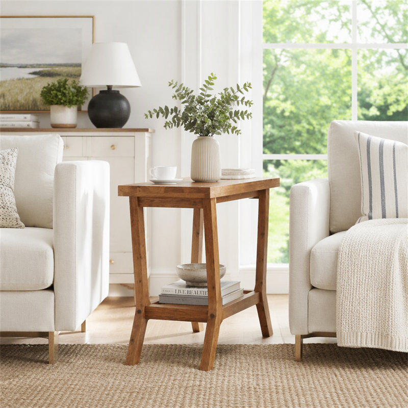 23.62" Solid Wood End Table, Small 2-tier Side Table with Storage for Living Room