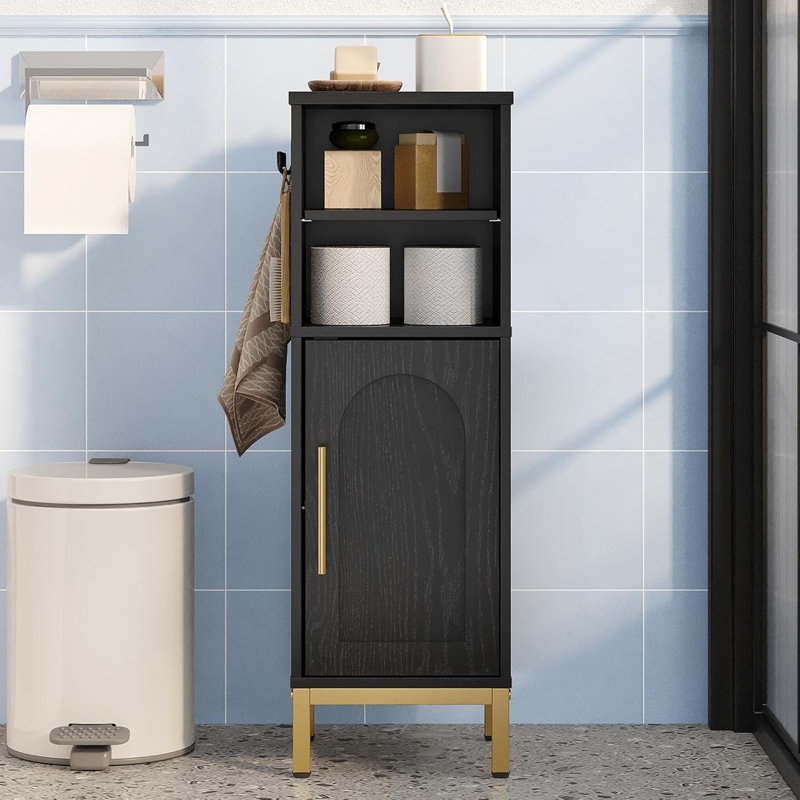 Bathroom Storage Cabinet, Corner Floor Cabinet With Door & Shelves, 2Hooks, Small Narrow Storage Organizer, Toilet Paper Cabinets For Small Space