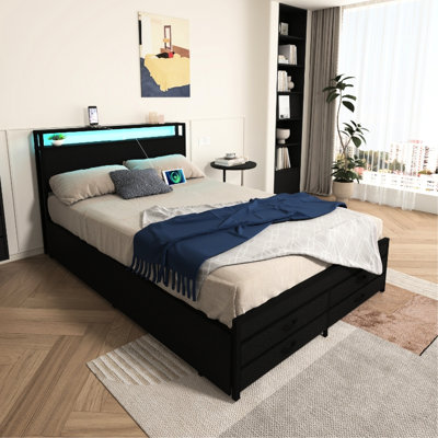 Black Full Size Bed Frame, 8 Storage Drawers, Smart Led Lighting, And Reliable Bed, Multi - Mode Headboard, Easy To Up