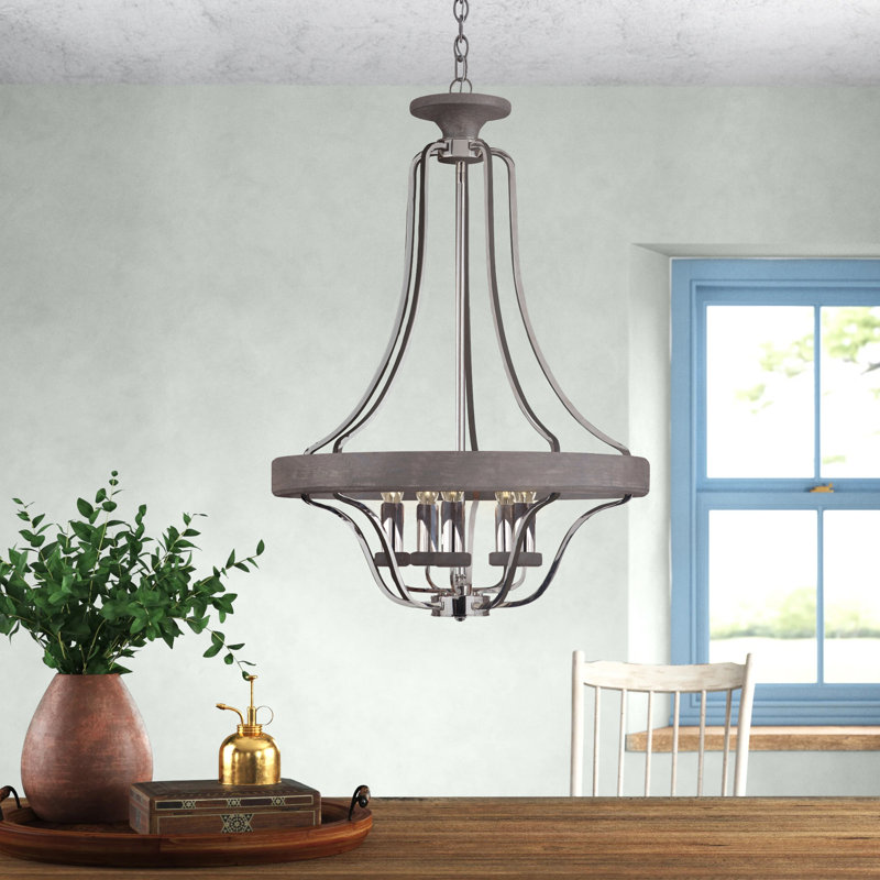 Lustree géométrique à 5 lumières lanterne Arkaitz, Nickel poli / bois gris