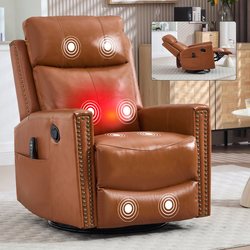 Genuine Leather Heat Massage Manual Recliner Chair With Rocker And Swivel For Living Room, Light Brown