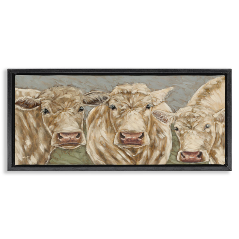 "Beige Cow Trio", art mural sur toile flottante par Sara G. Designs, H 11 po x l 25 po, Cadre flottant noir de jais