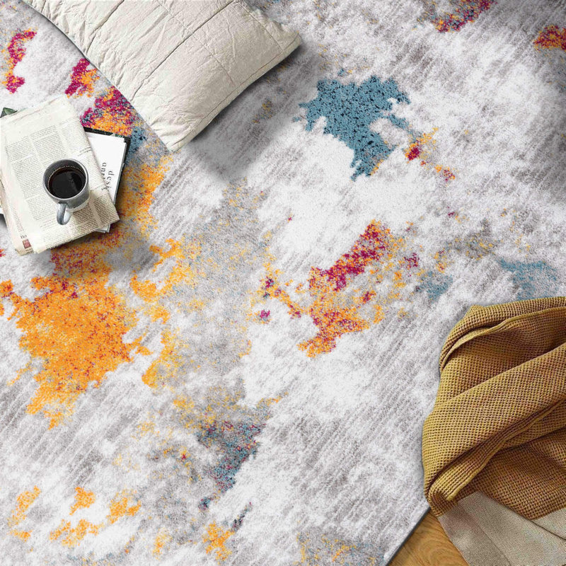 Sanak Abstract Pink/Grey/Orange Area Rug, Rectangle 7'10" x 10'