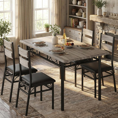 Space-Saving 5-Piece Dining Table Set for 4, Rectangular Kitchen Table with 4 Upholstered High-Back Chairs - Sturdy Metal Frame, Small-Space Dinette -